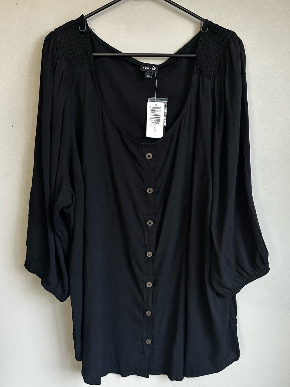 Torrid Black Button-Front Peasant Blouse NWT size 5 Smocked Button Front